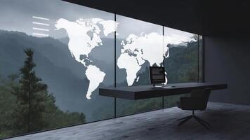 futurista mando centrar con global mapa monitor con vista a brumoso montañas. video