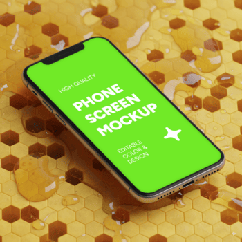 Realistic smartphone screen mockup on honeycomb background with glossy liquid honey surface showcasing editable mobile app design template for branding and user interface presentation psd
