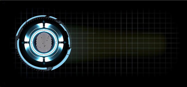 This digital design showcases a futuristic biometric security system with a glowing fingerprint scanner. The high-tech scanner stands out against a dark background, emphasizing innovation. vector