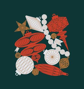 Navidad árbol juguetes en diferente formas y formas en Clásico estilo dibujo en rojo y beige tema en verde antecedentes vector