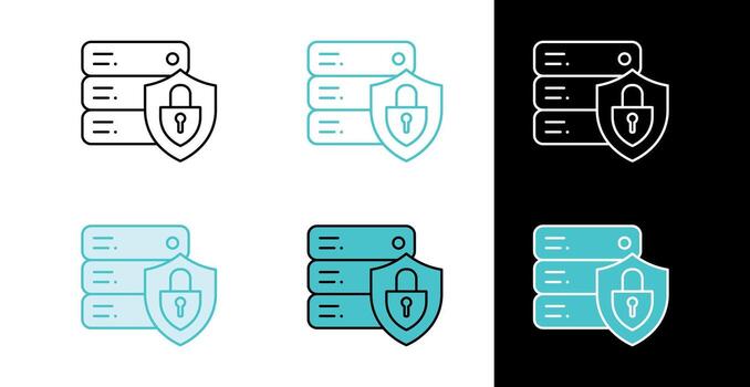 Server rack protected by shield and lock icon for data security in line and fill style vector
