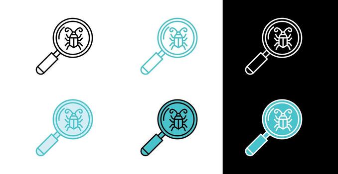 Magnifying glass with bug symbol icon for software testing and debugging in line and fill style vector