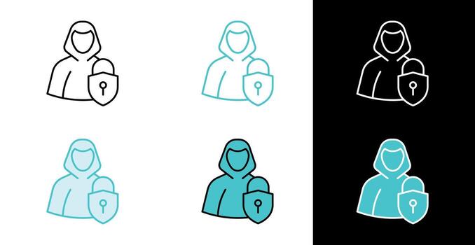 Hacker hooded figure with padlock icon for internet security and privacy in line and fill style vector