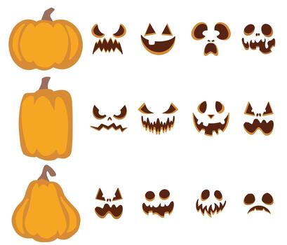 Large set of pumpkins with happy, sad, surprised, scary, and creepy faces for creating unique Jack lanterns, design for Halloween decorations and festive projects. vector