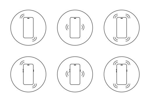 Smartphone vibration icon set in circular outline. Mobile phone ringing and shake symbol vector