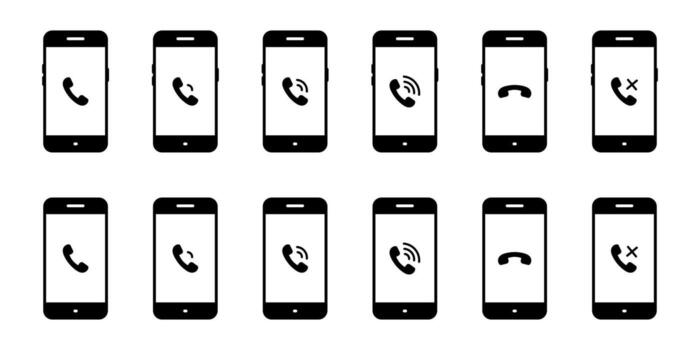 Telephone communication on smartphone screen icon set collection. Phone call status with ringing, connect, and hang up symbol vector