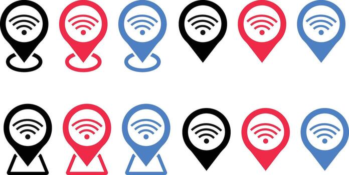 wifi icon with pointer icon set. Geolocation mark on the map. Map marker sign. Map pointer symbol vector