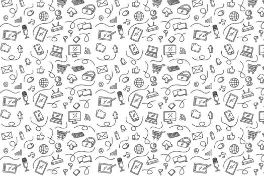 Premium doodle art seamless pattern background of computer internet technology science information isolated vector