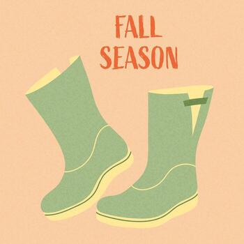 Autumn greeting card with a pair of green rain boots and Fall Season text on a soft beige background with grainy textured effect vector