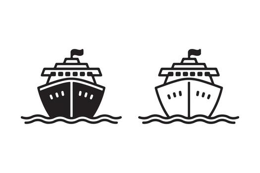 Cruise ship icon set isolated on white background, front view of liner on sea waves outline vector