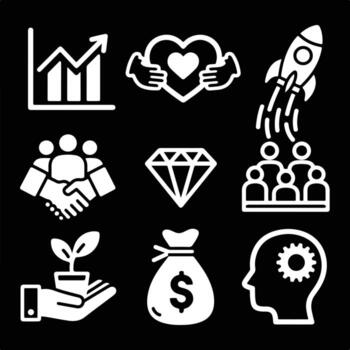 Startup and business development icons representing growth, collaboration, and innovation vector