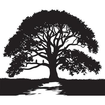 Silhouette of a large oak tree with birds and reflection isolated on white background vector