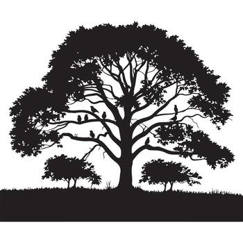 Silhouette of a large tree with birds perched on its branches isolated on white background vector