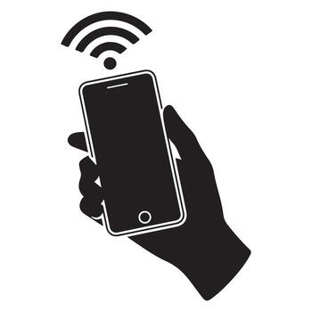 Hand holding smartphone with wifi signal isolated on white background for connection vector