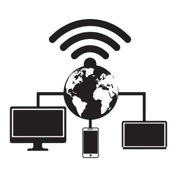 global red conectividad con dispositivos y Wifi señal aislado en blanco antecedentes vector