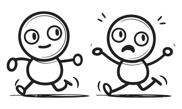 Two cartoon characters running, one happy, one scared, isolated on white background vector