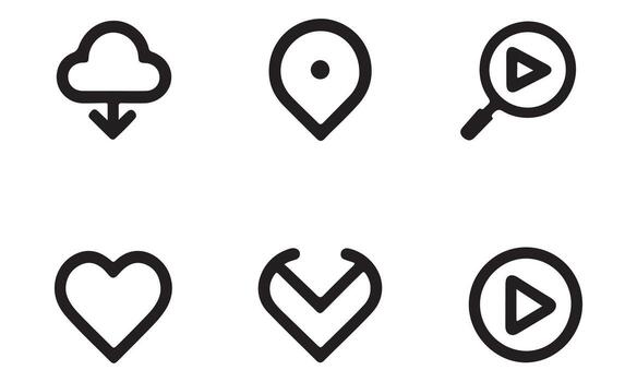 Set of six simple outline icons for cloud download, location pin, search play, heart, down arrow, and play button isolated on white background vector