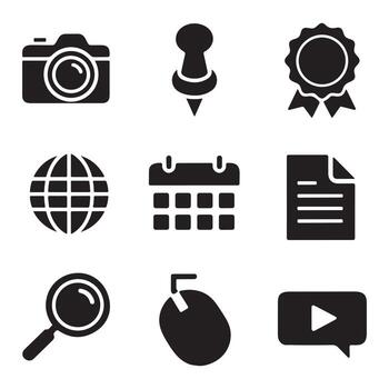 conjunto de nueve negro íconos incluso cámara, globo, calendario, buscar, y jugar botón aislado en blanco antecedentes vector