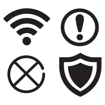 Set of four icons wifi signal, warning, prohibition, and shield, isolated on white background vector