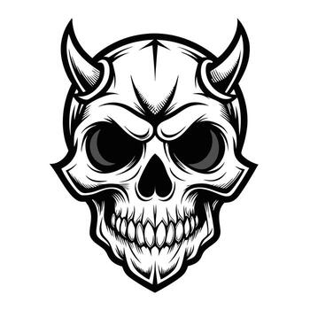 Isolated devil skull with menacing horns and shadowy eyes stares forward intensely in vector