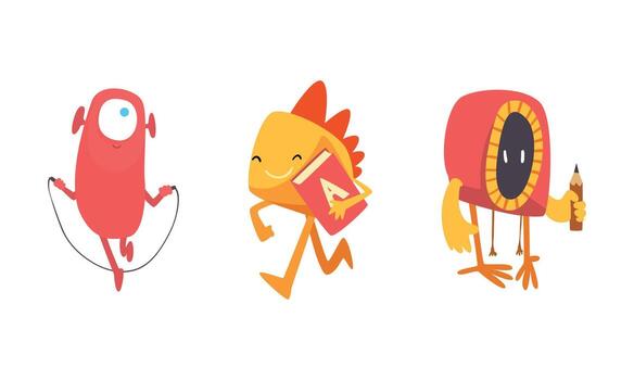 Funny Monster Character Jumping Rope and Running with Book Set vector
