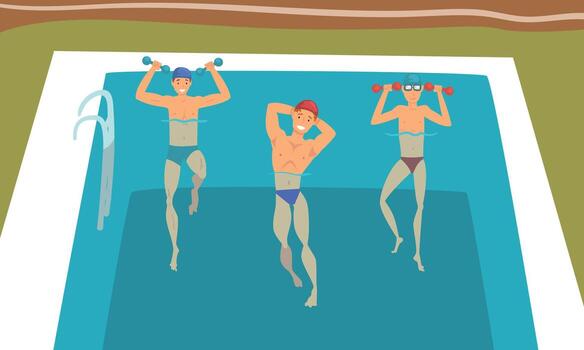 Young Man with Dumbbells in Swimming Pool Doing Physical Exercise Set vector