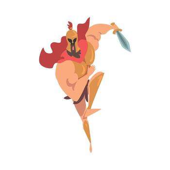 Spartan Man in Red Cloak and Helmet Armed with Sword Attacking Illustration vector