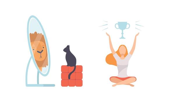 Narcissistic Cat and Woman Looking in Mirror and Admiring of Themselves Set vector