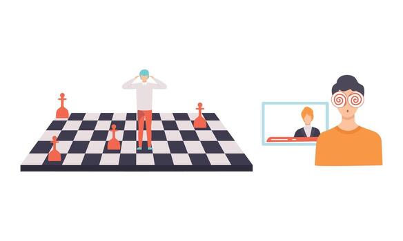 manipulación de personas con minúsculo hombre en tablero de ajedrez y con hipnotizado ojos como revisado por alguien conjunto vector