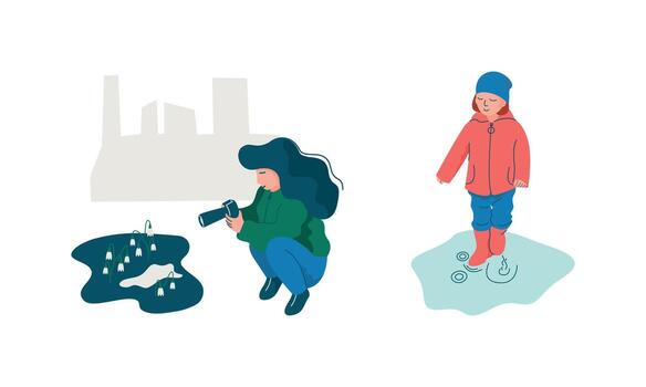 Woman Character with Camera Taking Photo of Snowdrops and Little Boy Splashing in Puddle in Spring Season Set vector