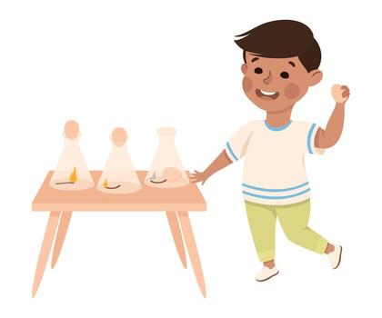 Little Boy Working on Physics Science Experiment with Flame in Flask and Egg Illustration vector