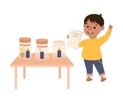 Little Boy Working on Physics Science Experiment with Flame in Jar Illustration vector