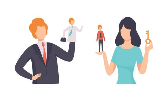 manipulación de personas con revisado minúsculo hombre en el mano de gigante mujer personaje conjunto vector