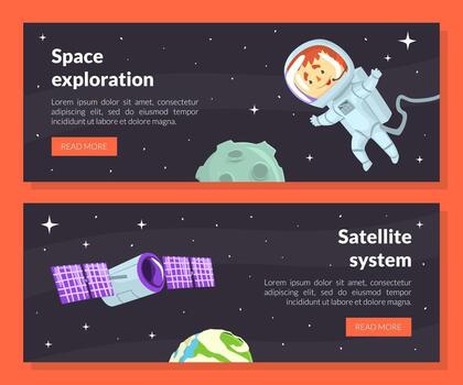 Space and Galaxy Exploration with Astronaut in Spacesuit and Flying Satellite Landing Page Template vector