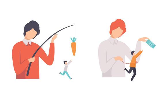manipulación de personas con minúsculo hombre persiguiendo gancho con dinero y Zanahoria como revisado por alguien conjunto vector