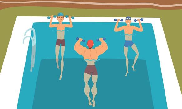 Young Man and Boy with Dumbbells in Swimming Pool Doing Physical Exercise Set vector