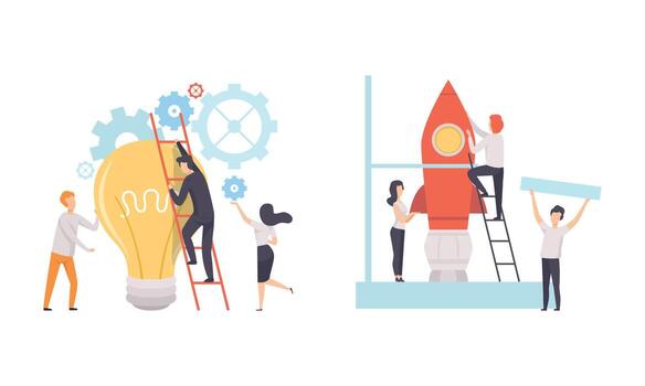 Team working on innovation and a rocket vector