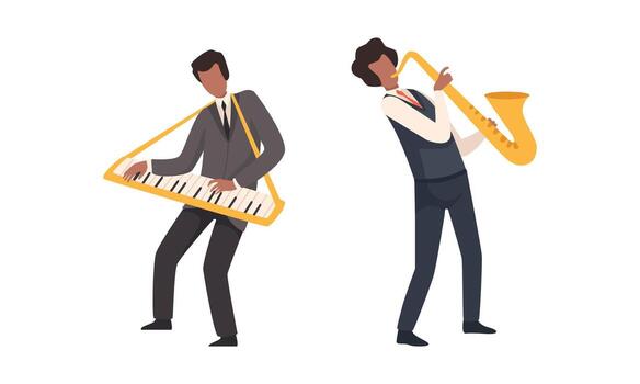 Man Musician Character Performing Music Playing Saxophone and Keyboard Set vector