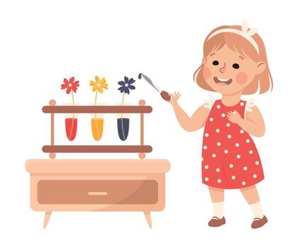 Little Girl Working on Physics Science Experiment with Flower in Flask Illustration vector