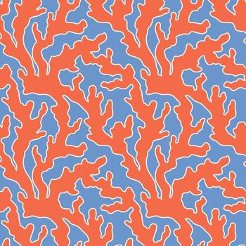Modern abstract seamless pattern. Intricate wavy red coral branch shapes on blue background. Bright, bold playful repeat design tile for textile, print. Smooth irregular fluid freeform texture. vector