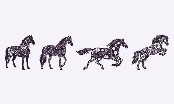 cuatro caballos en diferente posa, cada adornado con intrincado floral patrones. vector
