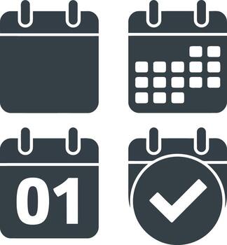 cuatro oscuro gris calendario íconos demostración diferente puntos de vista blanco, red, fecha 01, y comprobado fecha ilustración vector