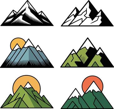 Collection of mountain peak icons isolated on white background in various styles vector