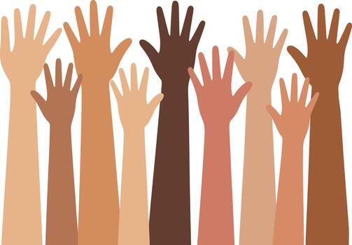 Diverse hands raised isolated on white background in a sign of unity vector