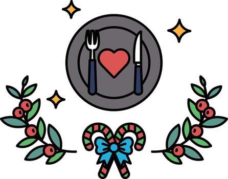 A plate with a fork and knife on it with a heart in the middle vector