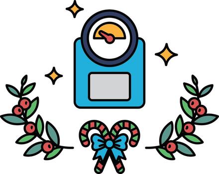 A black and white drawing of a scale with a bow and leaves surrounding it vector