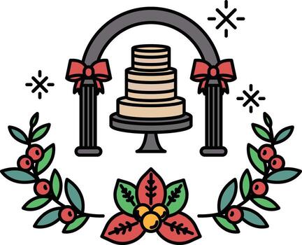 A cake with a bow on top of it is surrounded by a wreath of flowers vector