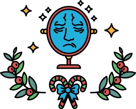 un negro y blanco dibujo de un del hombre cara en frente de un espejo vector