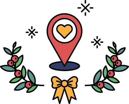 A black and white drawing of a heart and a map with a red bow vector