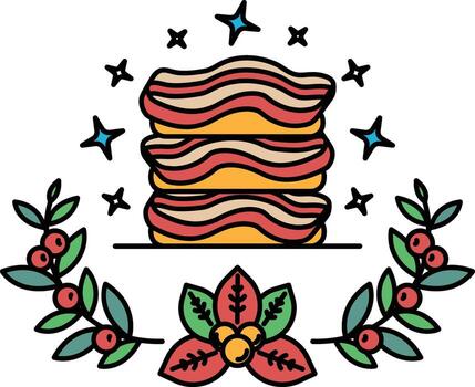 A drawing of a stack of bacon sandwiches with a leafy border vector